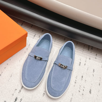 HM 26S KELLY PARIS LOAFERS IN LIGHT BLUE SUEDE SILVER HARDWARE