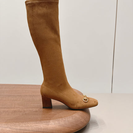 GUCCI 26S TALL BOOTS 55 MM IN CAMEL BROWN SUEDE