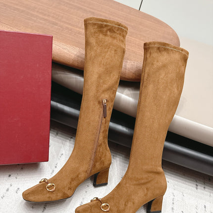 GUCCI 26S TALL BOOTS 55 MM IN CAMEL BROWN SUEDE