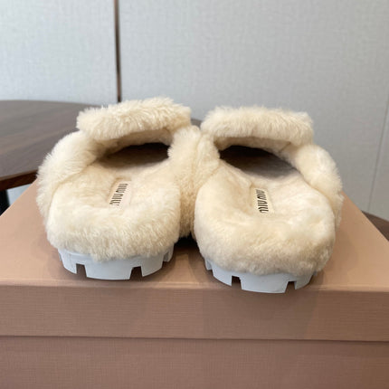 MIUMIU 25S MULES SLIPPERS SHEEPWOOL IN DARK BROWN SUEDE