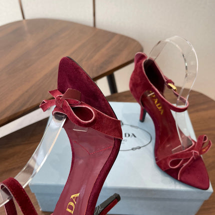 PRADA 26S HIGH HEEL SANDALS 85MM IN BURGUNDY RED SUEDE WITH BOW