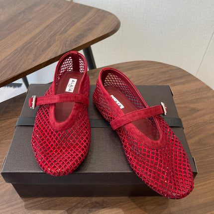 ALAIA 26S MESH FLATS IN DARK RED SUEDE RHINESTONE-EMBELLISHED