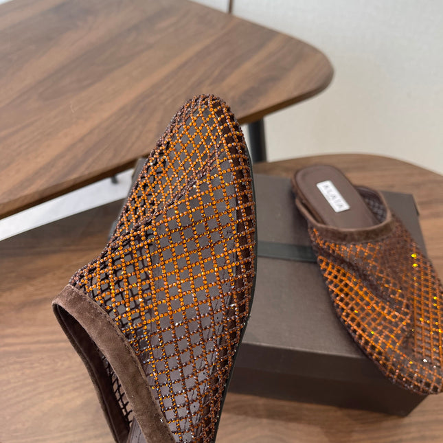 ALAIA 26S FLAT MULES IN DARK BROWN SUEDE AND MESH RHINESTONE-EMBELLISHED