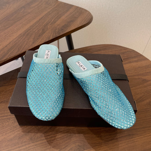 ALAIA 26S FLAT MULES IN BLUE SUEDE AND MESH RHINESTONE-EMBELLISHED