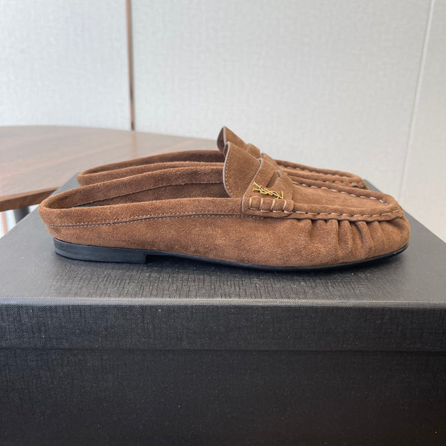 YSL 26S LOAFER MULES IN BROWN SUEDE