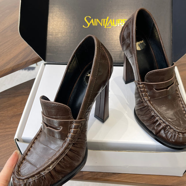 YSL 26S HEELED LOAFERS 100 MM IN DARK BROWN CALFSKIN