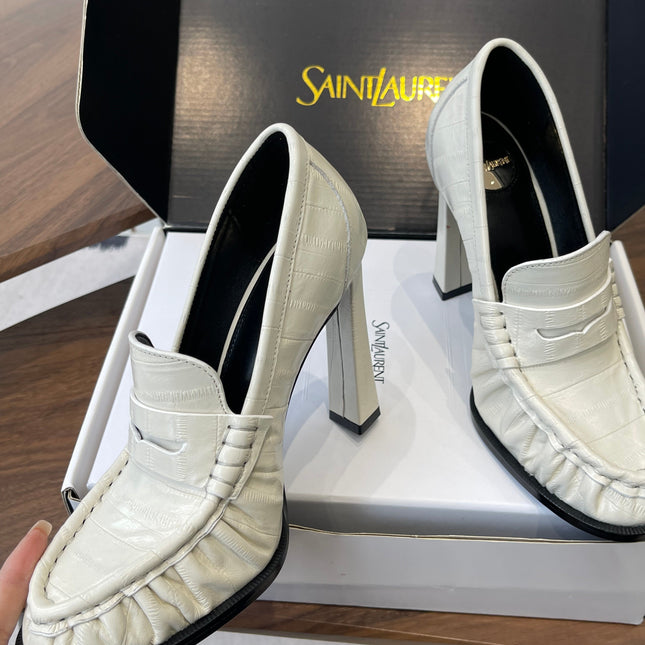 YSL 26S HEELED LOAFERS 100 MM IN WHITE CALFSKIN