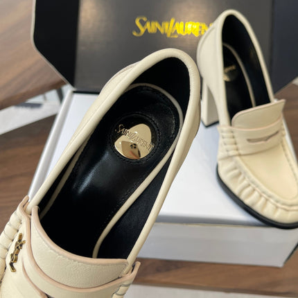 YSL 26S HEELED LOAFERS 100 MM IN SOFT OFF-WHITE CALFSKIN