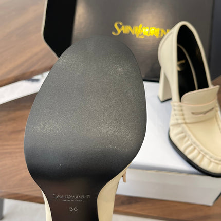 YSL 26S HEELED LOAFERS 100 MM IN SOFT OFF-WHITE CALFSKIN
