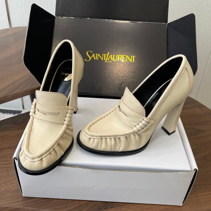 YSL 26S HEELED LOAFERS 100 MM IN SOFT OFF-WHITE CALFSKIN
