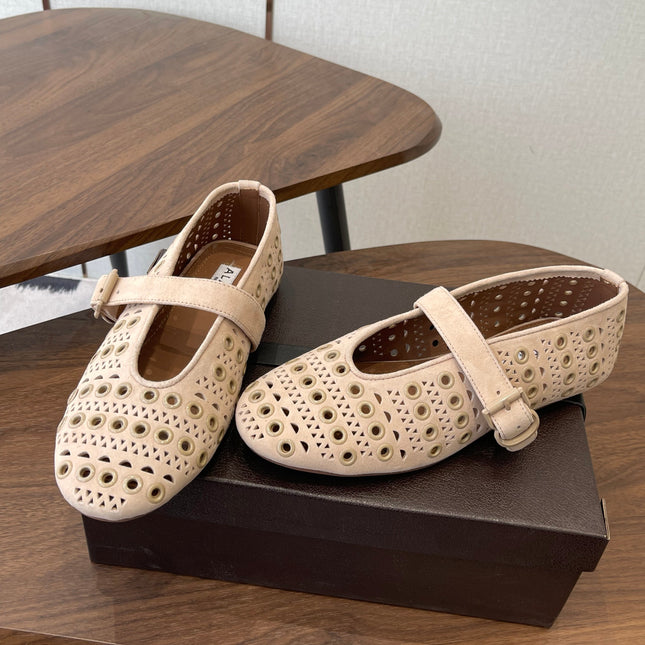 ALAIA 26S MARY JANE FLATS IN BEIGE SUEDE