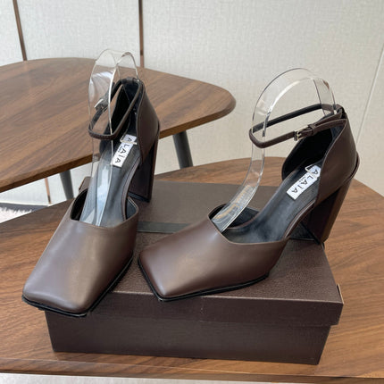 ALAIA 26S SQUARE-TOE HIGH HEELS 95 MM IN DARK BROWN CALFSKIN