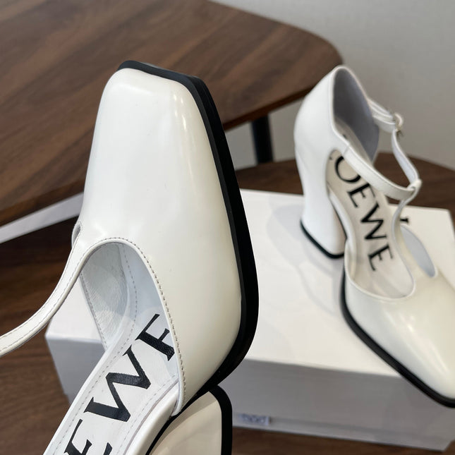 LOEWE 26S ONDA 90MM T-STRAP HIGH-HEEL SHOES IN WHITE GLOSSY CALFSKIN