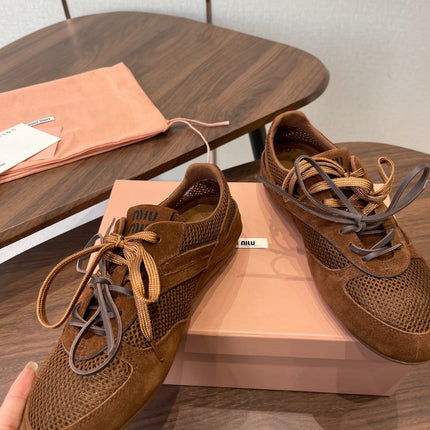 MIUMIU 26S SNEAKERS IN CARAMEL BROWN MESH AND SUEDE