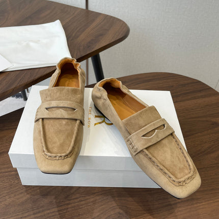 THE ROW 26S SQUARE TOE LOAFERS IN BEIGE SUEDE