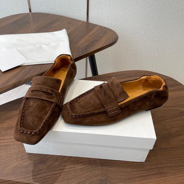THE ROW 26S SQUARE TOE LOAFERS IN DARK BROWN SUEDE