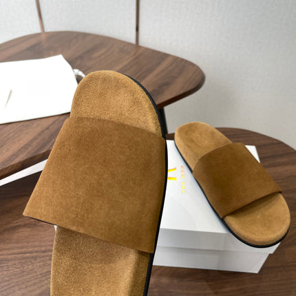 THE ROW 26S SLIDE SANDALS IN GOLD BROWN SUEDE