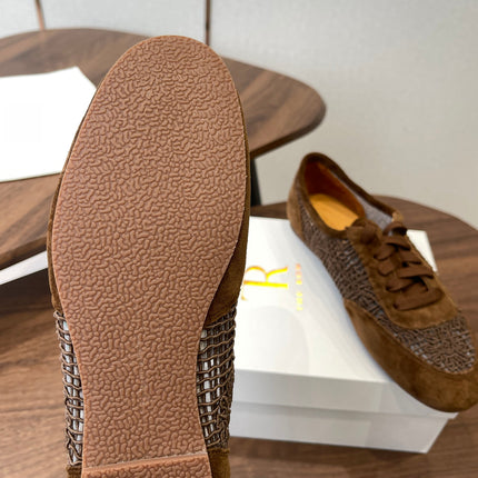 THE ROW 26S LACE UP SNEAKERS IN CARAMEL BROWN SUEDE