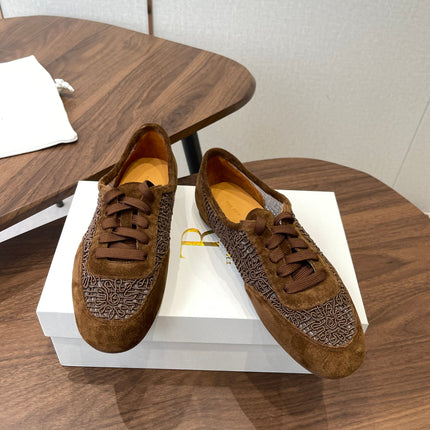 THE ROW 26S LACE UP SNEAKERS IN CARAMEL BROWN SUEDE