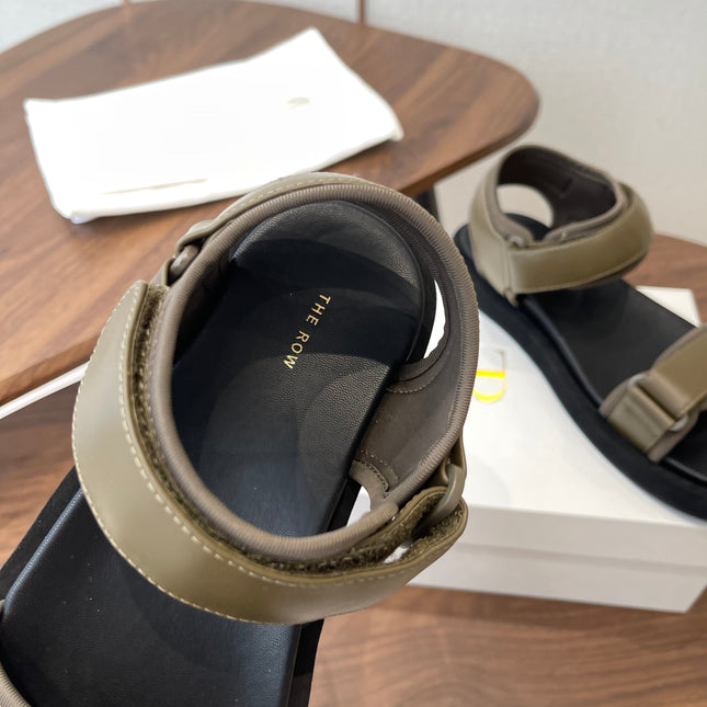 THE ROW 26S DOUBLE STRAP SANDALS IN OLIVE GREEN CALFSKIN