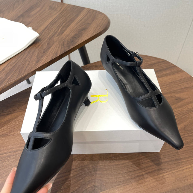 THE ROW 26S POINTED TOE T STRAP PUMPS 35MM IN BLACK CALFSKIN