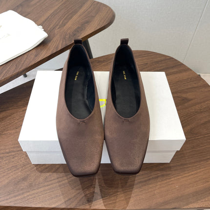 THE ROW 26S SQUARE TOE BALLET FLATS IN DARK BROWN SATIN