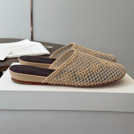 THE ROW 26S MULE FLATS IN BEIGE CROCHET MESH