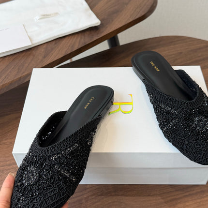 THE ROW 26S PEARL EMBELLISHED CROCHET MULE FLATS IN BLACK