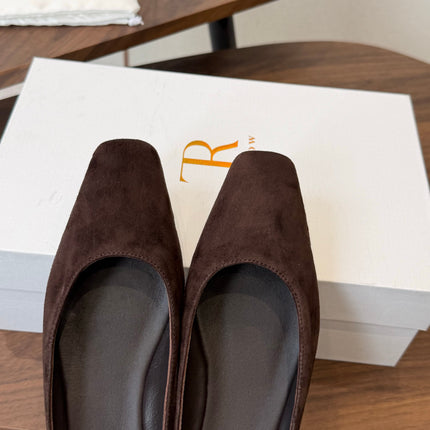 THE ROW 26S POINTED TOE MULES IN DARK BROWN SUEDE