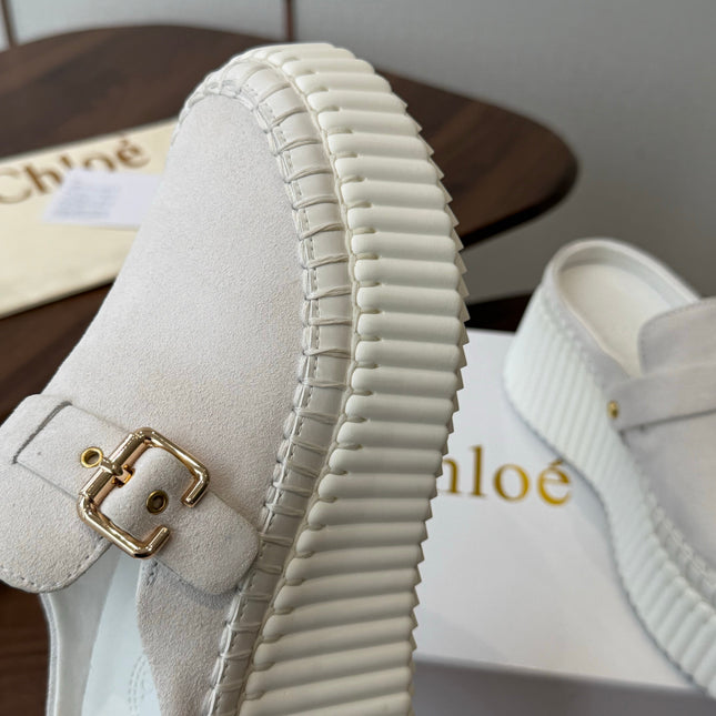 CHLOE 26S PLATFORM MULES IN WHITE SUEDE