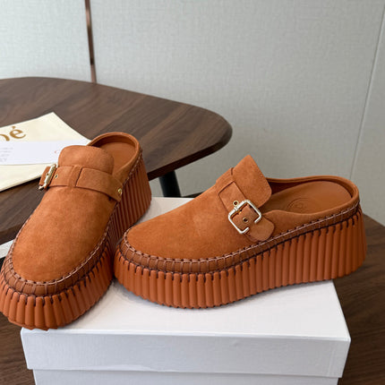CHLOE 26S PLATFORM MULES IN BROWN SUEDE