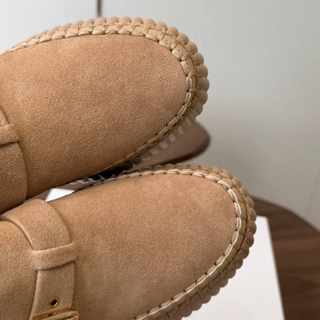 CHLOE 26S PLATFORM MULES IN NUDE BEIGE SUEDE