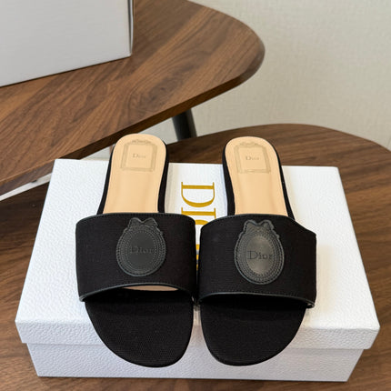 DIOR 26S D-BADGE FLAT SLIDE SANDALS IN BLACK CANVAS AND CALFSKIN