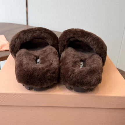MIUMIU 26S CRYSTAL LOGO SLIDES IN DARK BROWN SHEARLING