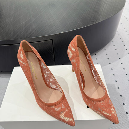 GIANVITO ROSSI 26S HIGH HEELS 105 MM IN PEACH ORANGE LACE FABRIC