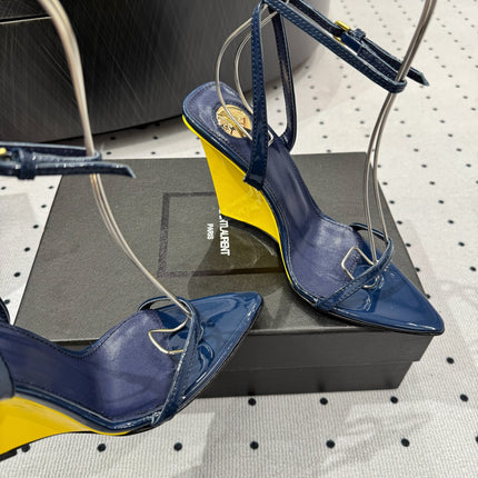 YSL 26S WEDGE HEELS 105 MM IN NAVY BLUE GLOSSY CALFSKIN