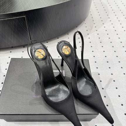 YSL 26S POINTED-TOE SLINGBACK HEELS 105 MM IN BLACK SATIN