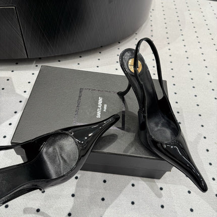 YSL 26S POINTED-TOE SLINGBACK HEELS 105 MM IN BLACK PATENT CALFSKIN