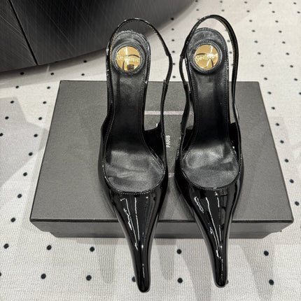 YSL 26S POINTED-TOE SLINGBACK HEELS 105 MM IN BLACK PATENT CALFSKIN