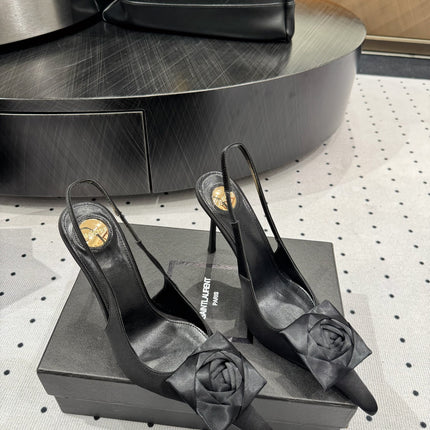 YSL 26S SLINGBACK HEELS 105 MM IN BLACK SATIN
