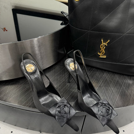 YSL 26S SLINGBACK HEELS 105 MM IN BLACK SATIN
