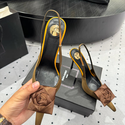 YSL 26S SLINGBACK HEELS 105 MM IN BROWN AND OLIVE SATIN