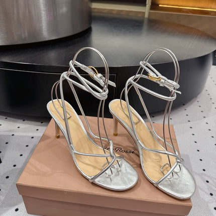 GIANVITO ROSSI 26S LACE-UP HEEL SANDALS 85 MM IN SILVER LAMBSKIN