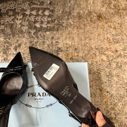 PRADA 25S SLINGBACK HIGH HEELS 75 MM IN BLACK EMBOSSED COWHIDE