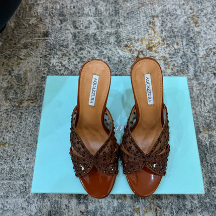 AQUAZZURA 26S HIGH-HEEL SANDALS 105 MM IN BROWN PATENT CALFSKIN AND MESH