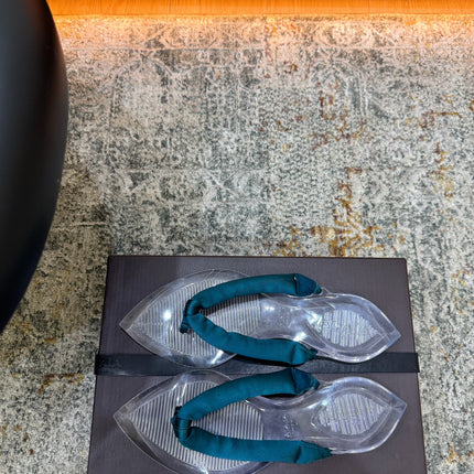 ALAIA 26S THONG SANDALS IN TEAL BLUE SATIN AND TRANSPARENT PVC