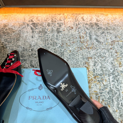 PRADA 26S  LACE UP STUDDED PUMPS 55MM IN BLACK CALFSKIN WITH RED LACES
