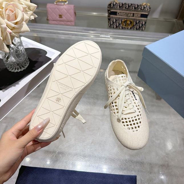 PRADA 26S LACE UP OPENWORK KNIT SNEAKERS IN IVORY WHITE KNIT FABRIC