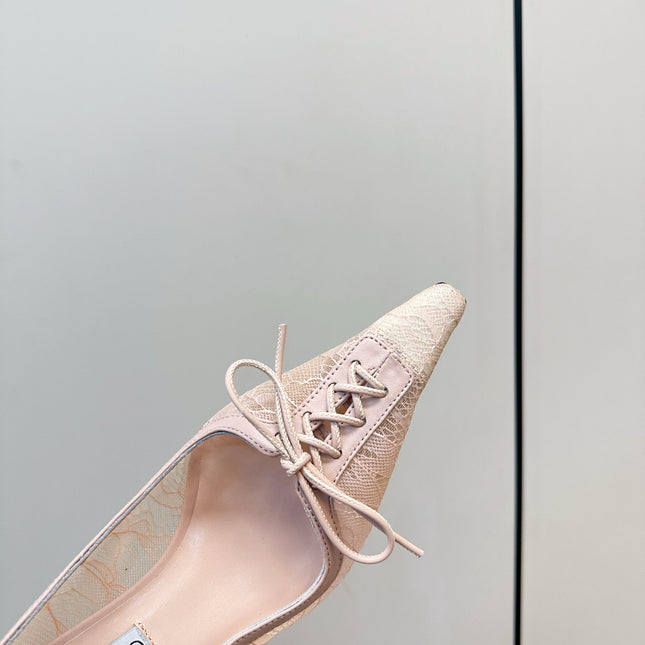 JIMMY CHOO 26S LACE-UP HEELS IN LIGHT NUDE PINK LACE AND LAMBSKIN