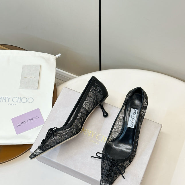 JIMMY CHOO 26S LACE-UP HEELS IN BLACK LACE AND LAMBSKIN